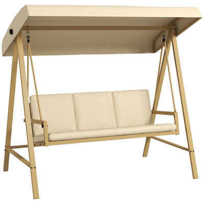 Beige 3 Seater Garden Swing Chair With Adjustable Canopy For Relaxing Outdoors