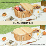 Wicker Picnic Basket for 2 with Cooler Compartment and Wooden Lid for Outdoor Use Light Brown AOSOM
