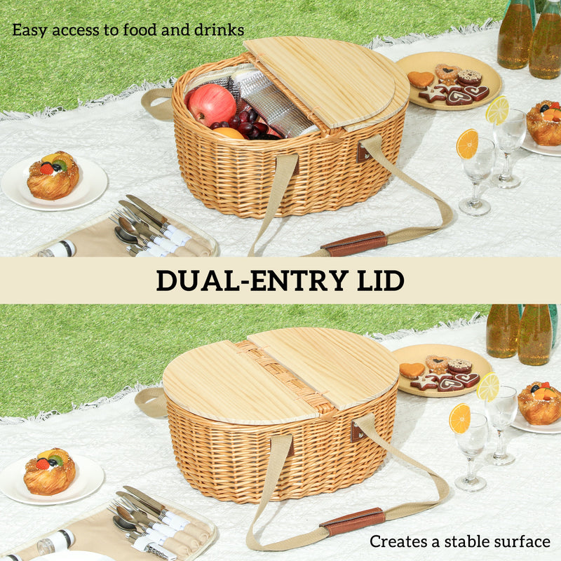 Wicker Picnic Basket for 2 with Cooler Compartment and Wooden Lid for Outdoor Use Light Brown AOSOM