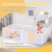 7 Panel Puppy Playpen with 3 Doors and Two Room Whelping Box for Indoor Use White