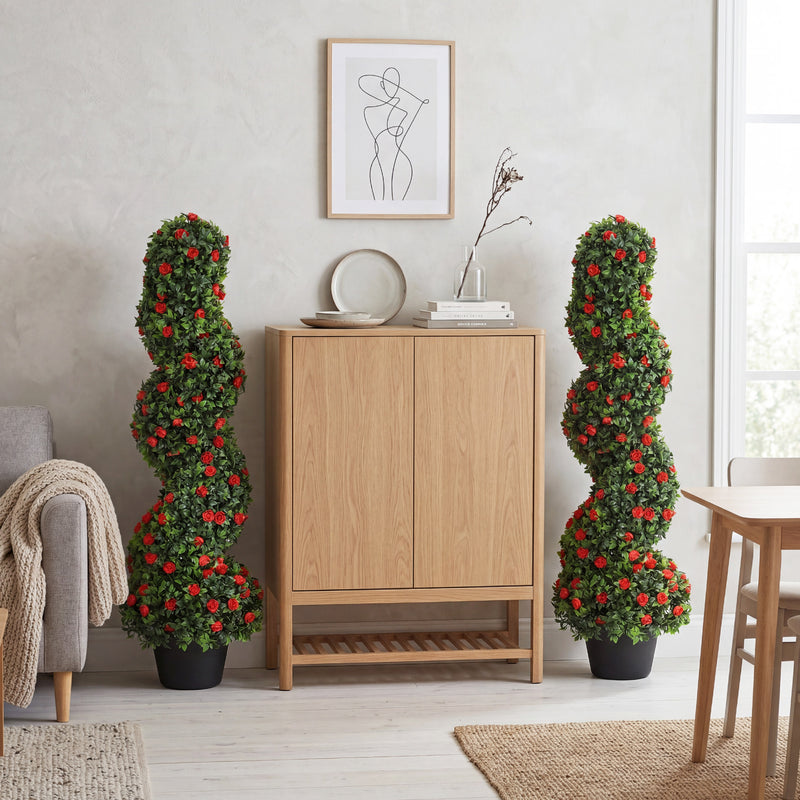 Artificial Rose Spiral Topiary Trees Set of 2 for Easy Care Doorway or Patio Display Red AOSOM
