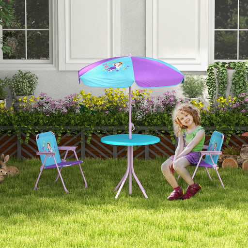 Kids Garden Picnic Table Set with Adjustable Parasol and Foldable Chairs Fairy Design, Pink