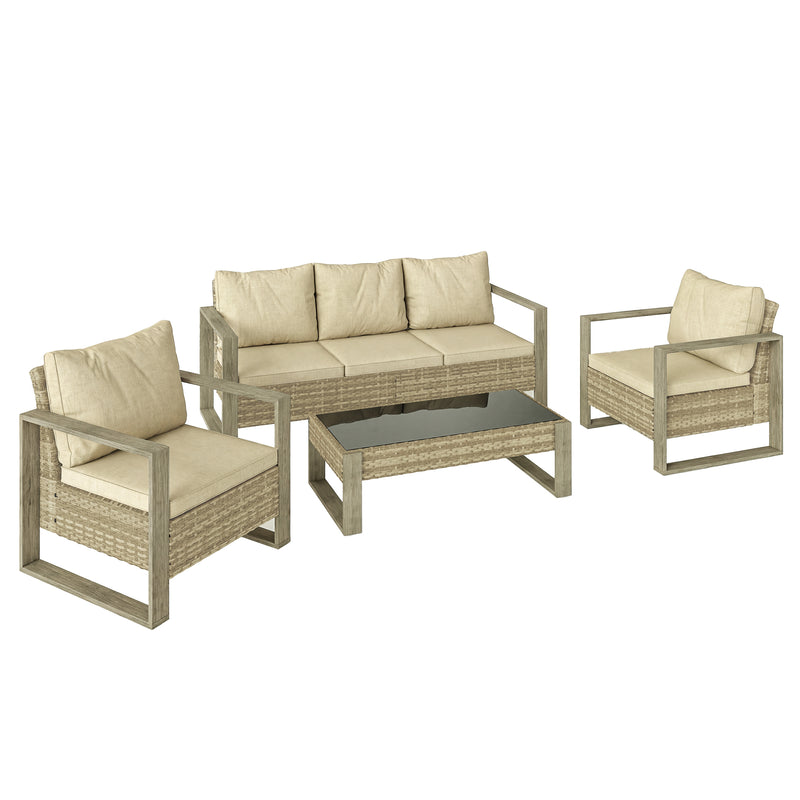 Rattan Garden Furniture Set for Relaxed Outdoor Seating with Cushions and Coffee Table, Khaki
