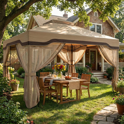 3x3.6m Metal Garden Gazebo with Mesh Sides for Shade and Insect Protection Double Roof, Khaki Outsunny