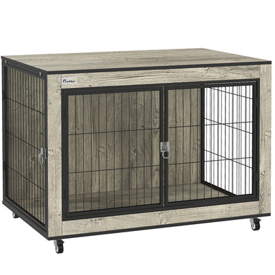 Grey Wooden Dog Crate Furniture with Wheels and Double Doors for Medium Dogs 80cm by PawHut