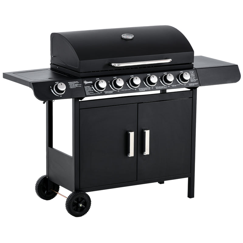 6 Burner Gas BBQ Grill with Side Burner - Thermometer and Storage Shelf for Outdoor Cooking Grey Outsunny