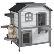 2 Storey Wooden Cat House With Escape Door Ideal For Indoor Or Outdoor Use, White