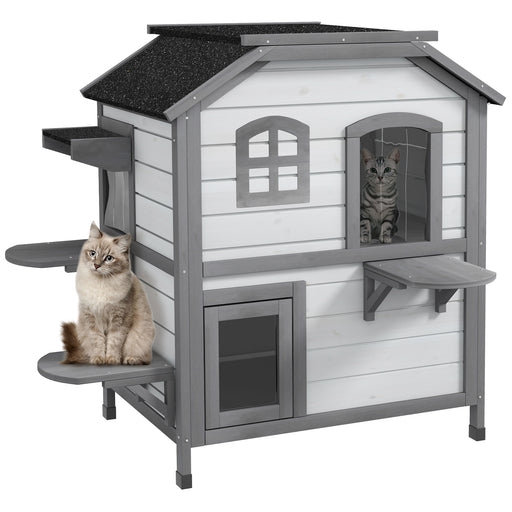 2 Storey Wooden Cat House With Escape Door Ideal For Indoor Or Outdoor Use, White