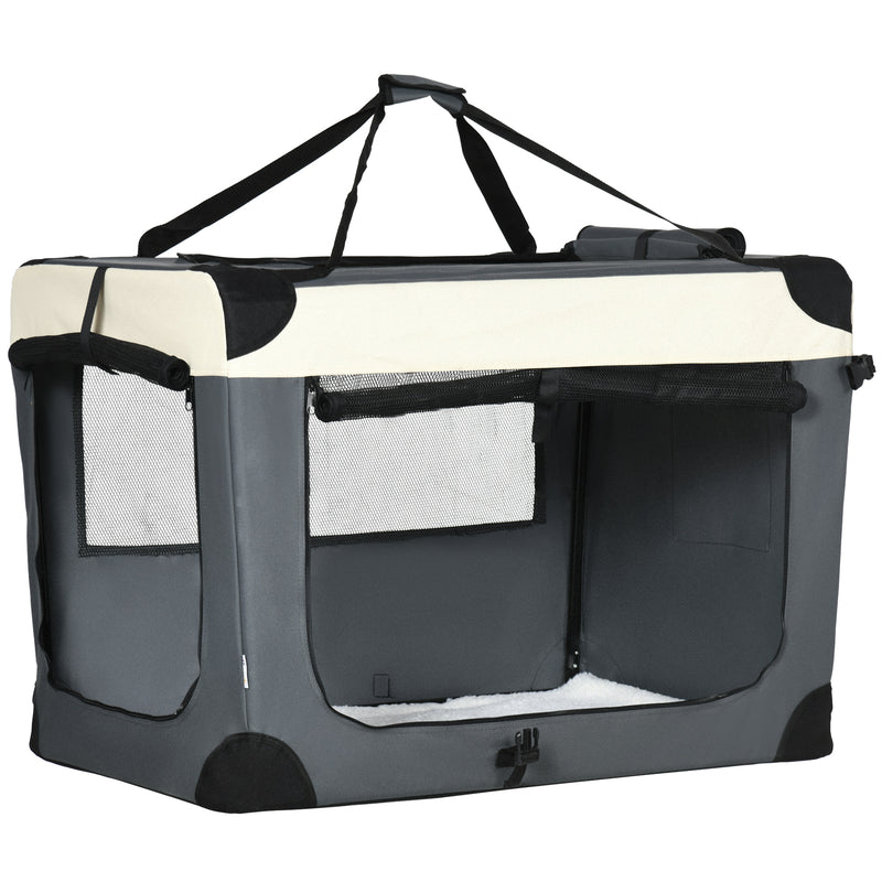 Foldable Pet Carrier With Cushion for Large Dogs and Cats Easy Travel Crate, Grey