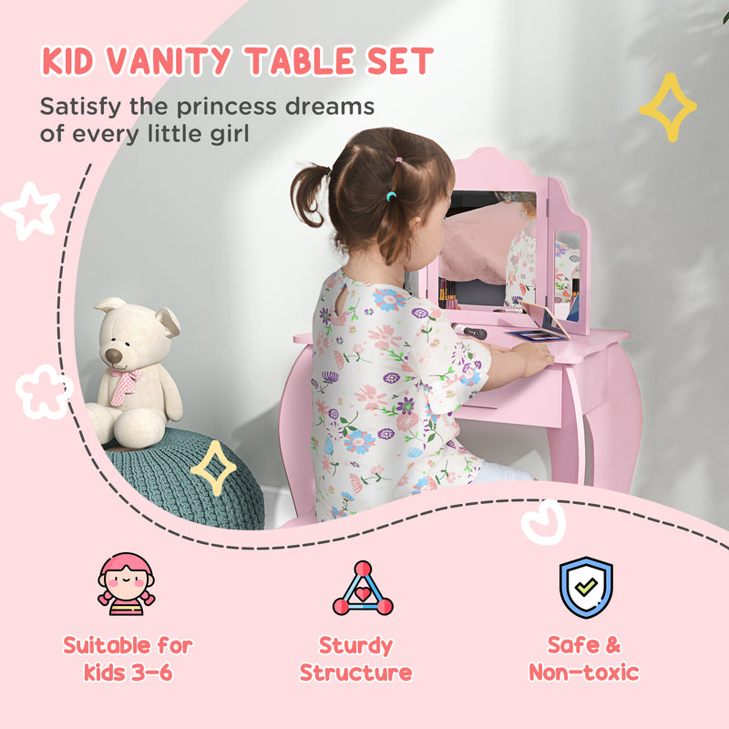 Kids Dressing Table Set with Tri Folding Mirror Drawer and Stool for Bedrooms Pink