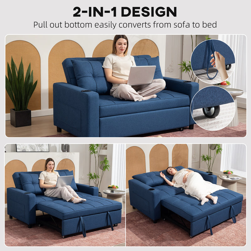 2 Seater Sofa Bed with Storage Pockets and Full Size Pull Out Bed Dark Blue