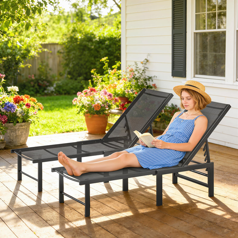 Set of 2 Adjustable Garden Sun Loungers for Outdoor Relaxing with Breathable Mesh Black Outsunny