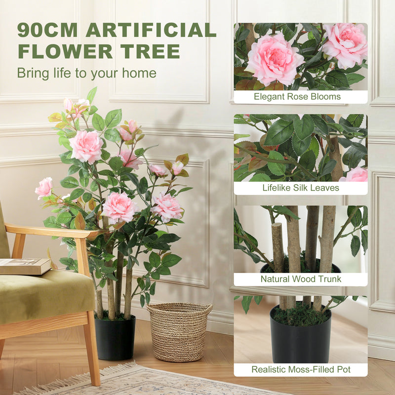 Artificial Rose Tree 90 cm for Easy Year Round Home or Garden Display Pink AOSOM