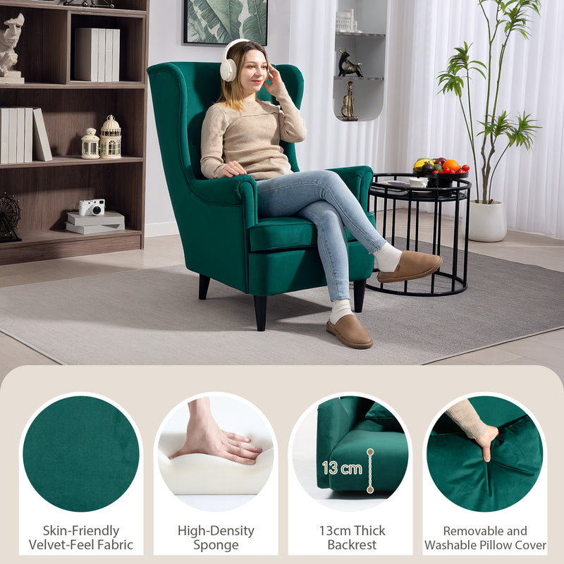 Dark Green Velvet Wingback Armchair With High Back And Pillow For Living Room Comfort