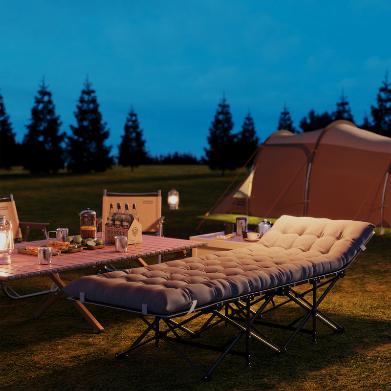 Folding Camp Bed with Thick Mattress and Side Pocket for Outdoor Relaxing Light Grey