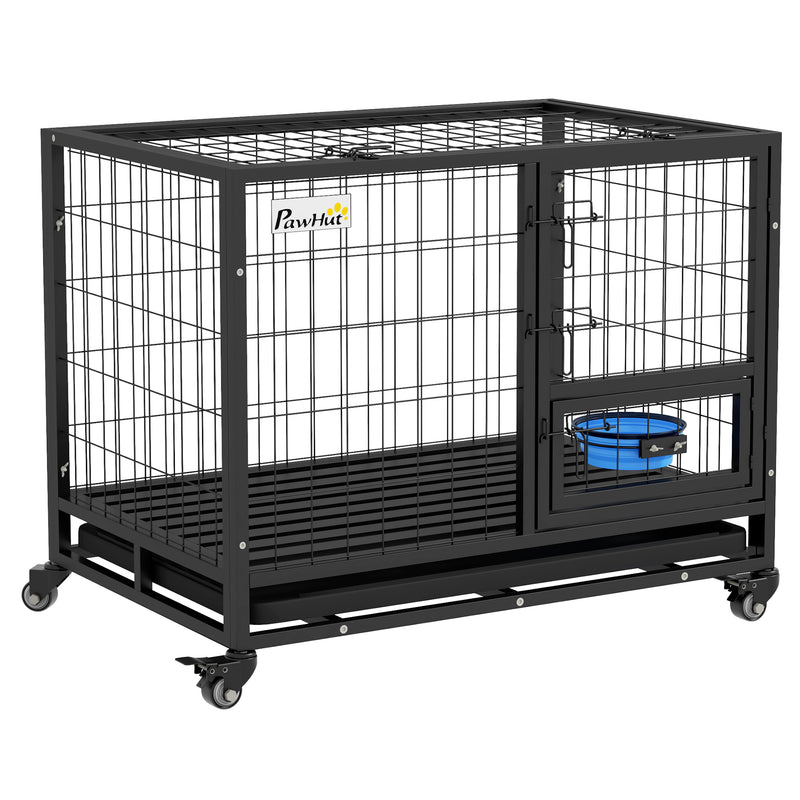 Heavy Duty Dog Crate with Wheels Removable Tray and Bowl Holder for Medium Large Dogs Grey
