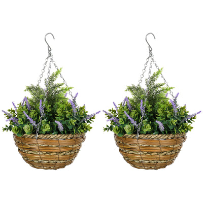 Set of 2 Artificial Hanging Lavender Flower Pots for Garden or Balcony Display Purple