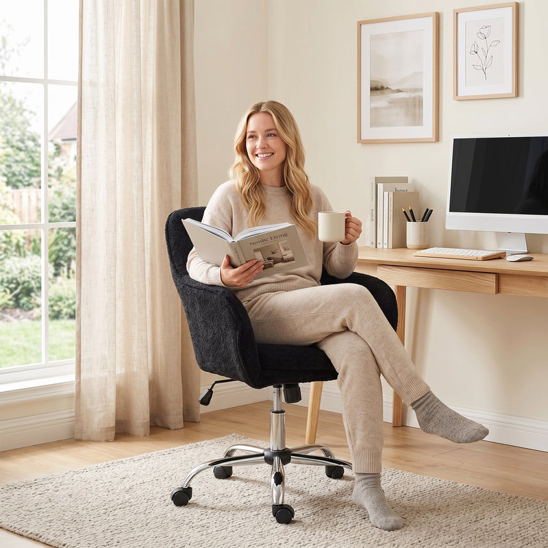 Office Chair with Adjustable Height and Soft Flannel Upholstery for Home Working Black