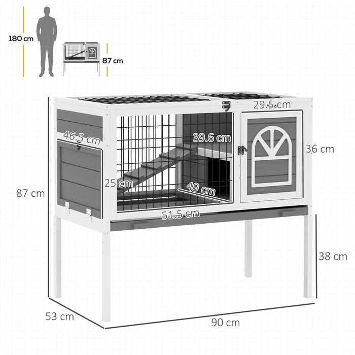 Grey Wooden Rabbit Hutch with Removable Tray and Openable Roof by PawHut