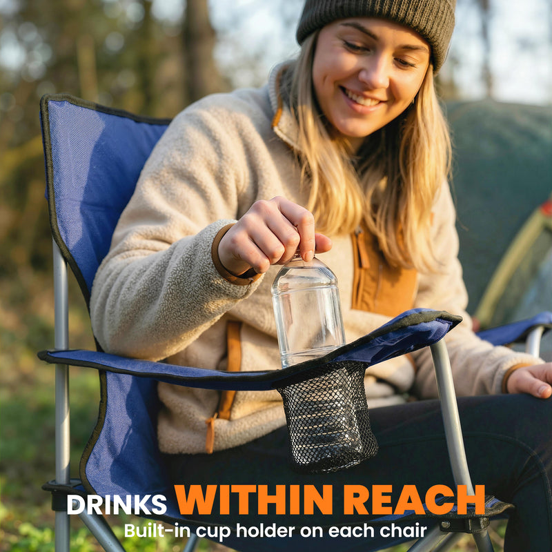 Folding Camping Chair Set of 2 with High Back and Cup Holder for Garden or Campsite Dark Blue