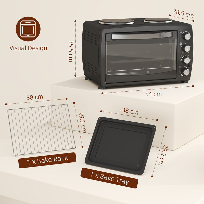 36L Small Electric Oven With 2 Hot Plates Adjustable Temperature Timer 2600W Black by HOMCOM