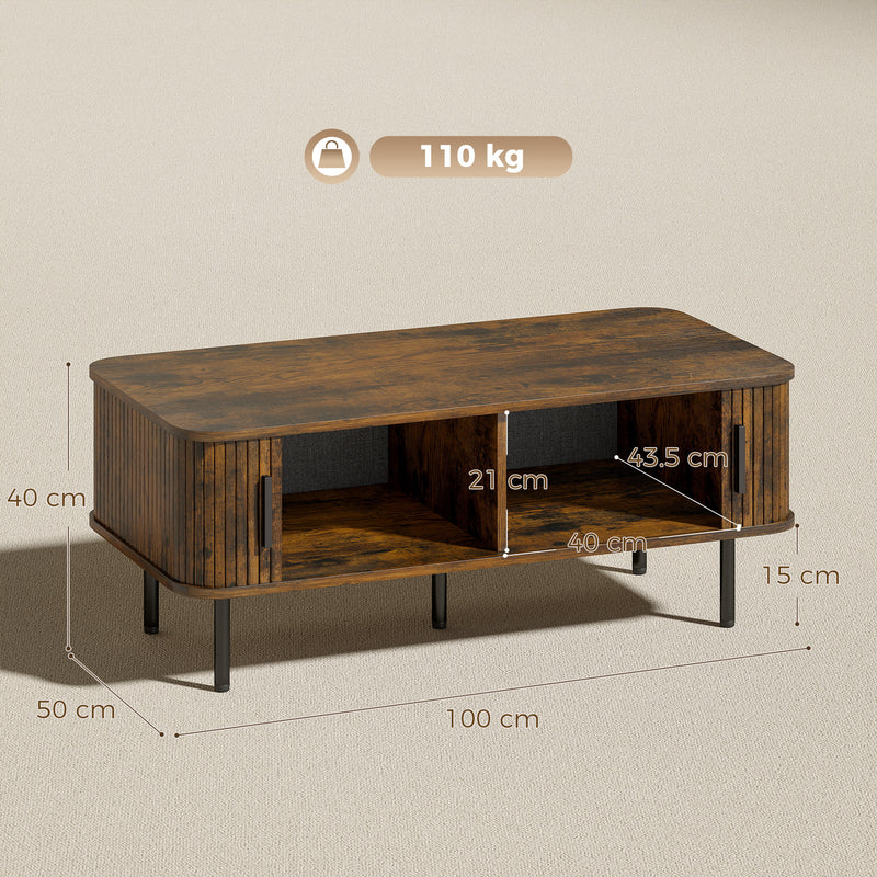 Coffee Table With Sliding Doors for Easy Living Room Storage Rustic Brown Black