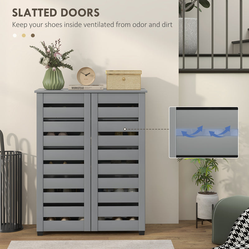 Slim Shoe Cabinet with Slatted Doors, Adjustable Shelves for Hallway, Dark Grey