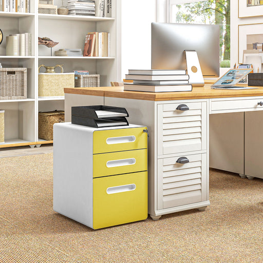 3 Drawer Steel Filing Cabinet with Lock and Wheels for A4 Legal Files, Yellow