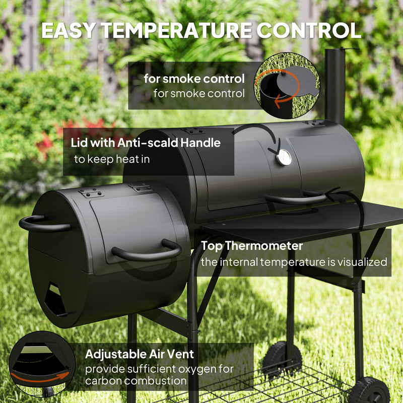 Charcoal BBQ Grill and Smoker for Garden Parties with Shelves and Wheels Black Outsunny