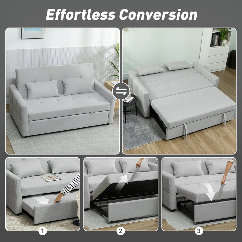 Sofa Bed, 3-in-1 Light Grey 2 Seater Pull Out Sofa Bed with Adjustable Backrest for Lounge or Guest Room