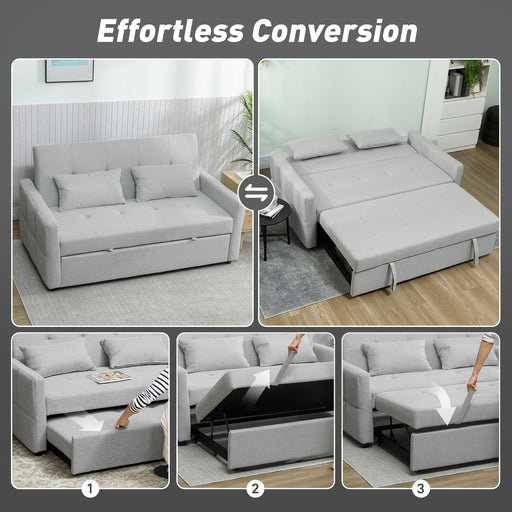 Sofa Bed, 3-in-1 Light Grey 2 Seater Pull Out Sofa Bed with Adjustable Backrest for Lounge or Guest Room