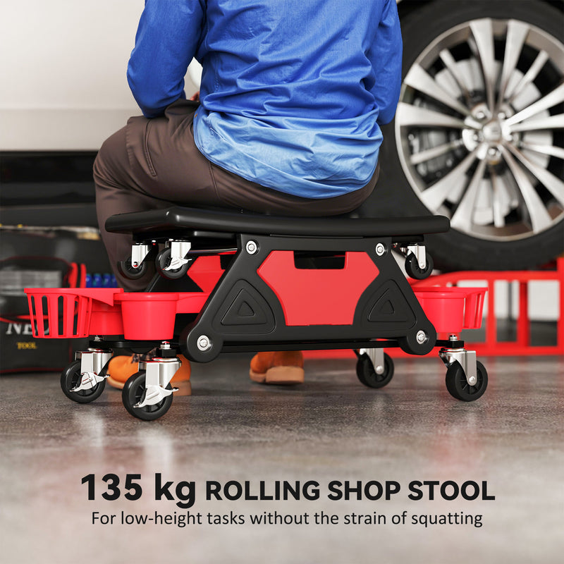 Mechanic Roller Seat with Tool Storage and Swivel Wheels for Garage or Workshop Red AOSOM