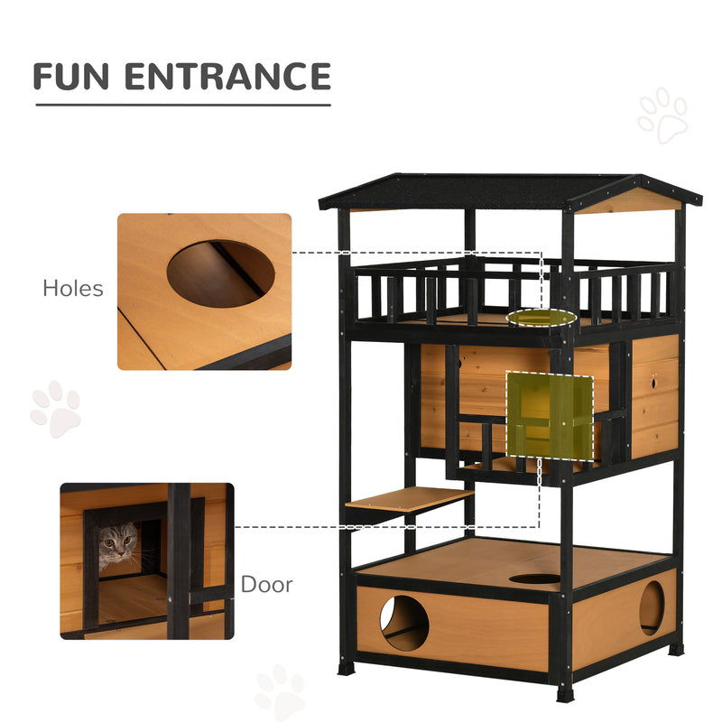3 Tier Wooden Outdoor Cat House With Terrace And Elevated Base For Winter Shelter, Yellow