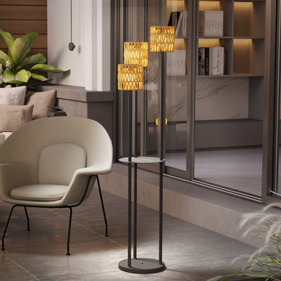 Boho Rattan Floor Lamp with Shelf 3 Light Solar Powered Waterproof IP44 by Outsunny