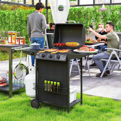 3 Plus 1 Burner Gas BBQ Grill with Thermometer Side Table and Wheels in Black by Outsunny