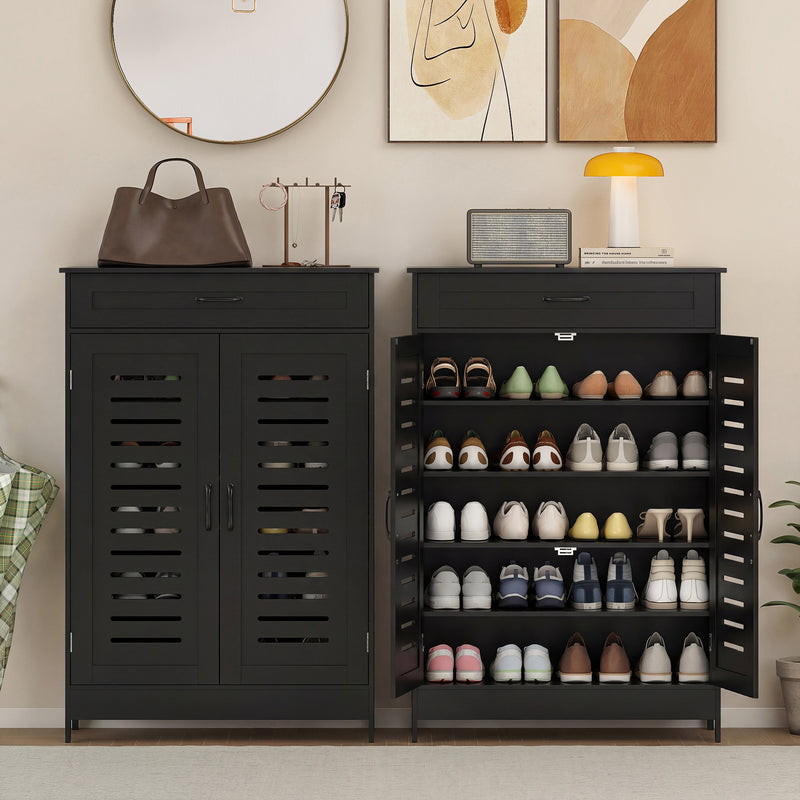 Black Shoe Storage Cabinet For Entryway with Louvered Doors Drawer and Adjustable Shelves 78x37x115cm Homcom
