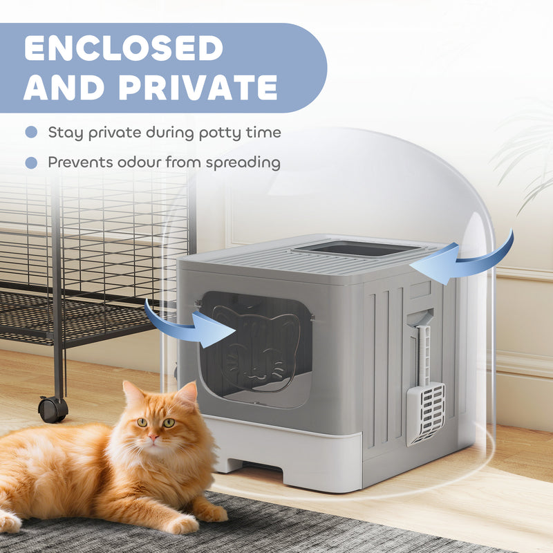 Foldable Cat Litter Box with Lid Drawer and Scoop for Easy Cleaning and Odour Control Grey AOSOM