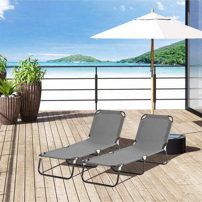 2 Pack Folding Sun Loungers with 5 Position Recline and Breathable Mesh for Garden Use Grey AOSOM
