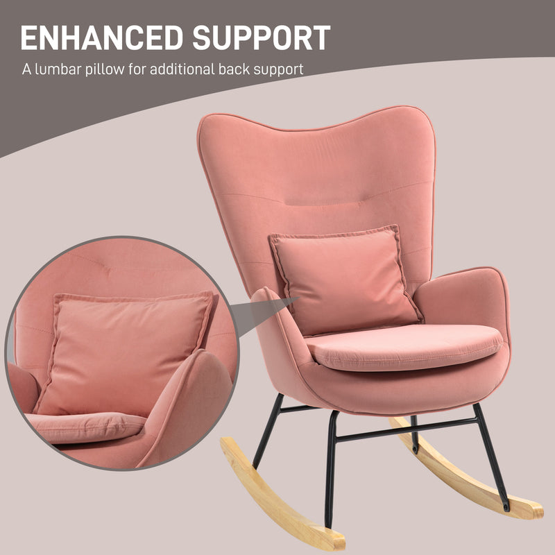 Pink Velvet Feel Rocking Armchair with Padded Seat and Wooden Base by HOMCOM