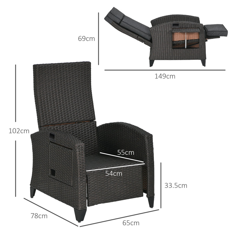 Grey Outdoor Reclining Garden Chair with Footrest Cushion and Side Tray for Relaxing
