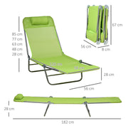 Green Folding Sun Loungers Set of 2 with Reclining Backs and Pillows for Patio or Beach