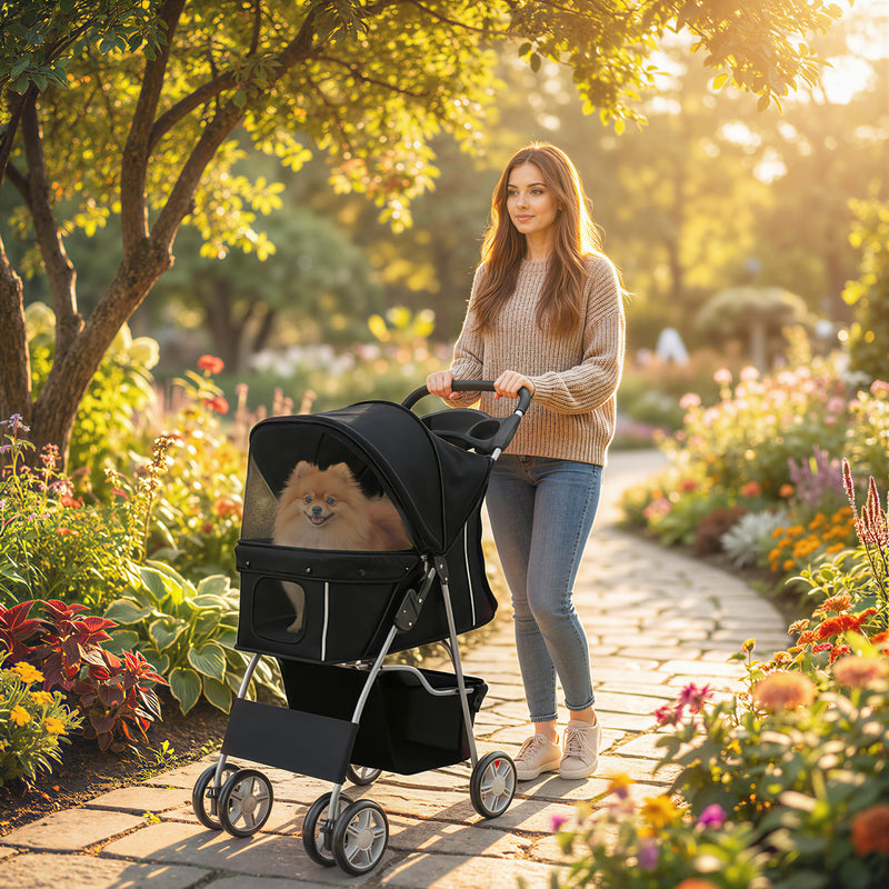 Foldable Pet Stroller With 360 Degree Swivel Wheels And Reflective Strips, Black