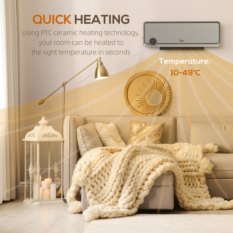 Wall Mounted Electric Heater with Timer and Remote Control for Home or Office Grey
