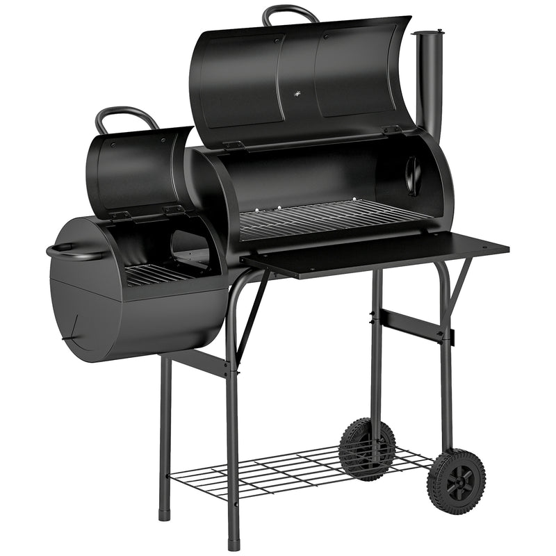 Charcoal BBQ Grill and Smoker for Garden Parties with Shelves and Wheels Black Outsunny