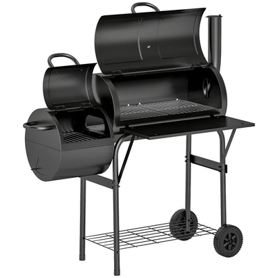 Charcoal BBQ Grill and Smoker for Garden Parties with Shelves and Wheels Black Outsunny