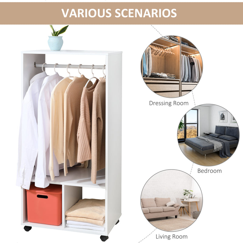 White Open Wardrobe On Wheels With Hanging Rail And Shelves For Bedroom Or Hallway