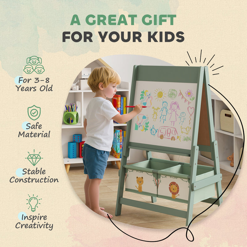Double Sided Kids Art Easel With Paper Roll And Storage Boxes For Ages 3 to 8, Green