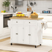 Cream White Rolling Kitchen Island Trolley with Rubber Wood Top and Storage by HOMCOM