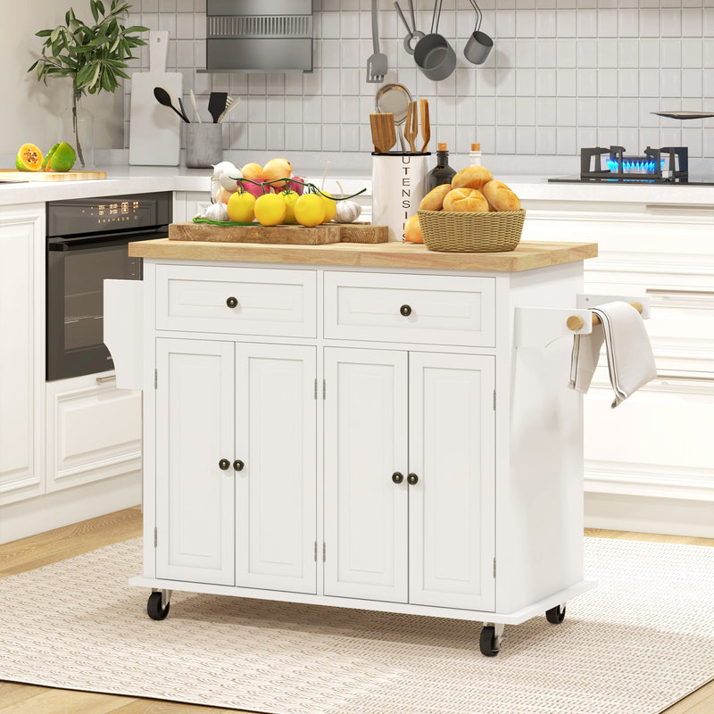 Cream White Rolling Kitchen Island Trolley with Rubber Wood Top and Storage by HOMCOM