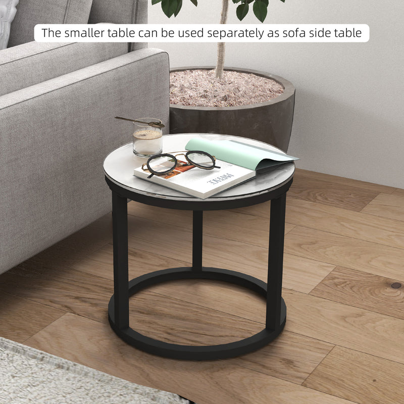Set of 2 Round Nesting Coffee Tables with Marble Effect Glass and Steel Frame White by HOMCOM